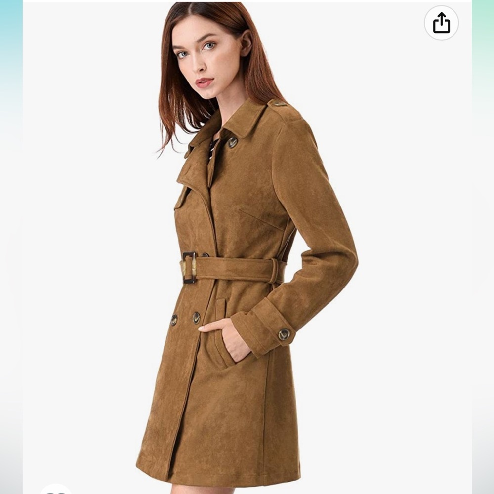 Lapel Double Breasted Faux Suede Trench Coat Jacket with belt